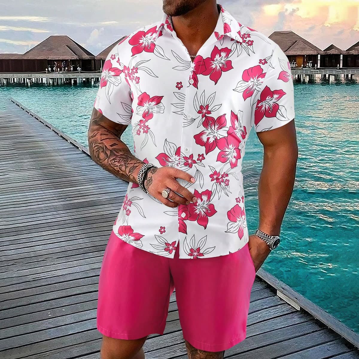 Ensemble De Chemise Ã€ Manches Courtes Et De Shorts ImprimÃ©s Pour Homme Pour Le Printemps Et L'Ã©tÃ© (dÃ©coupe Assortie)