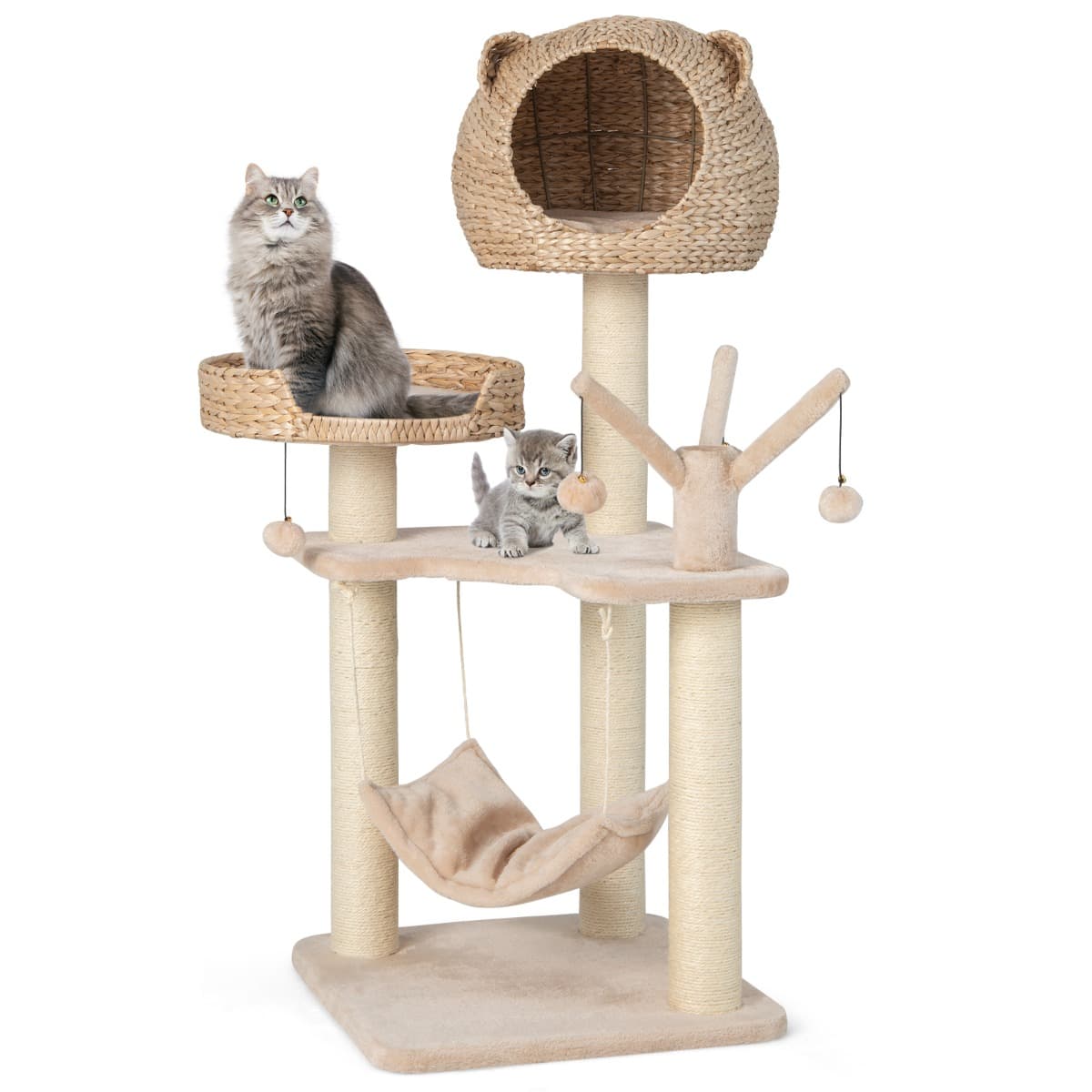CostwayArbre à Chat 121 CM à 5 Niveaux avec Boules et Hamac Suspendues Centre d'Activités pour Chats avec Niche et Poteaux en Sisal