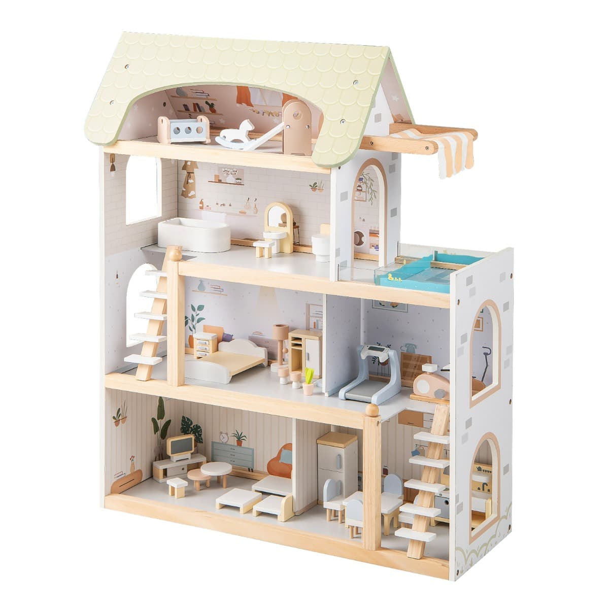 CostwayMaison de Poupée en Bois Maison de Jeux pour Enfants avec 33 Accessoires de Meubles Jeu de Maison Familiale Moderne pour 3 + Ans Vert