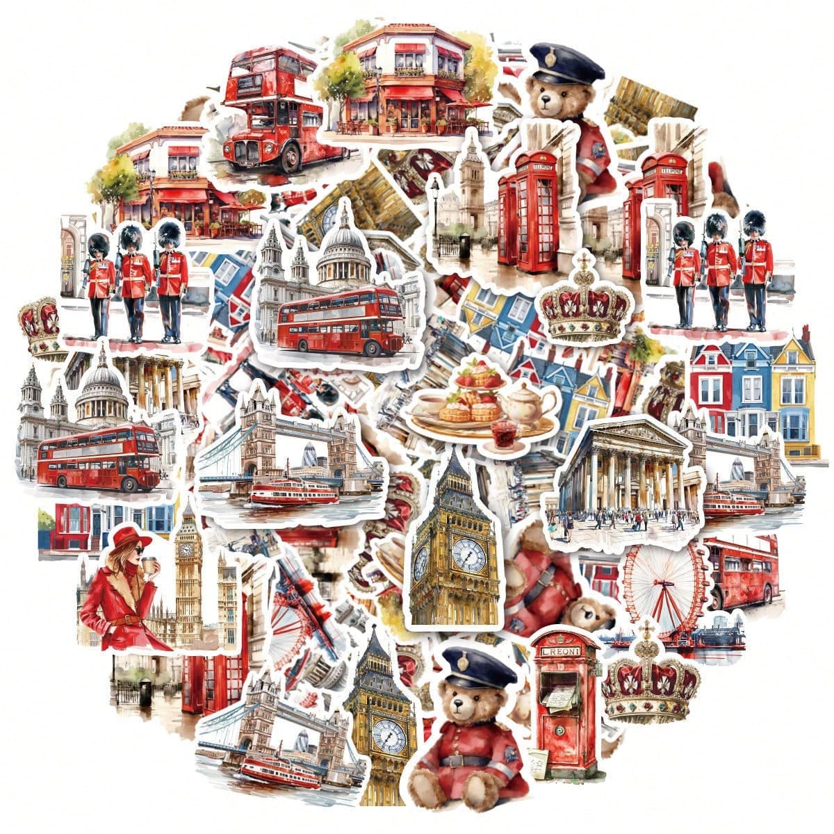30 pièces Autocollants architecturaux classiques peints à la main, comprenant Big Ben et Londres, autocollants décoratifs créatifs DIY. Convient